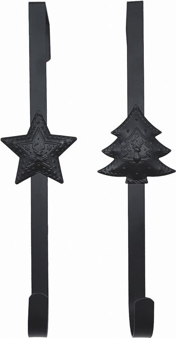 Metalen kerst hanger - kerstkrans haak set van 2 stuks | 10 x 6 x 29 cm | Spéciale deurhanger voor over de deur | Haak om jouw kerstcadeaus in zak of kerst decoratie aan op te hangen | Mat zwart 1