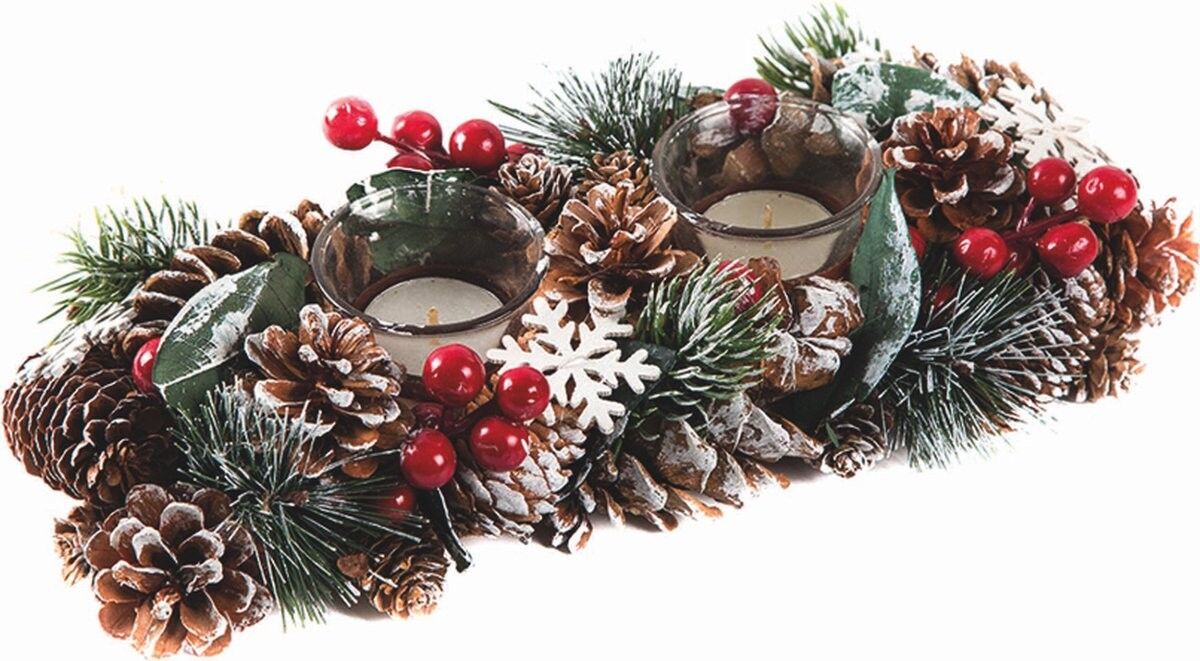 Kerststuk theelicht houder - Dennenappels en sneeuwvlokken | 31 cm / 2L | Decorativi colorati per materiali naturali e per la decorazione di due scatole di cera | Decoro Kerst | Rood