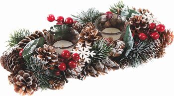 Kerststuk theelicht houder - Dennenappels en sneeuwvlokken | 31cm / 2L | Décoratif kerststuk gemaakt uit natuurlijke materialen en voorzien van twee waxinehouders | Kerst décoration | Rood