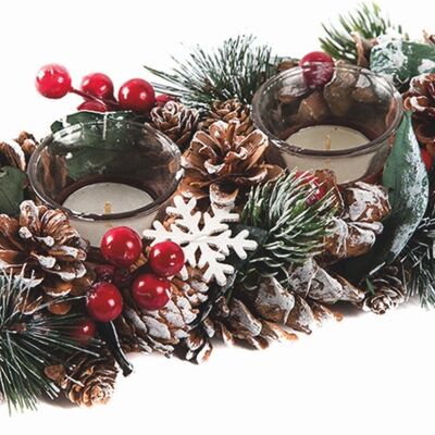 Kerststuk theelicht houder - Dennenappels en sneeuwvlokken | 31 cm / 2L | Decoratief kerststuk gemaakt uit natuurlijke materialen en voorzien van twee waxinehouders | Kerst decoratie | Rood