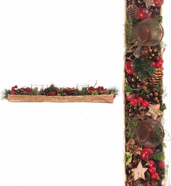 Kerststuk theelicht houder - Baie rouge | 45cm / 2L | Décoratif kerststuk gemaakt uit natuurlijke materialen en voorzien van twee waxinehouders | Kerst décoration | Rood 1