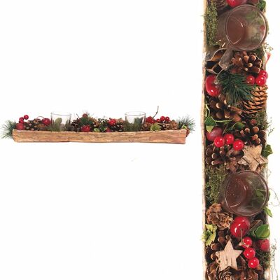 Kerststuk theelicht houder - Baie rouge | 45cm / 2L | Décoratif kerststuk gemaakt uit natuurlijke materialen en voorzien van twee waxinehouders | Kerst décoration | Rood