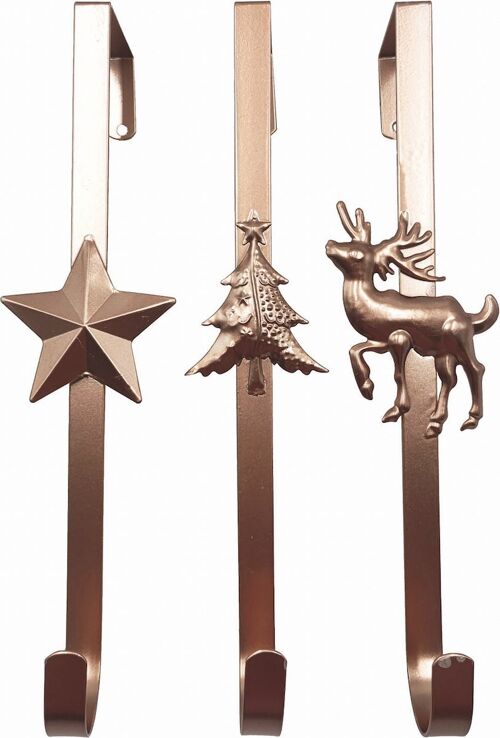 Metalen kerst hanger - kerstkrans haak set van 3 stuks | 10 x 6 x 29 cm | Speciale deurhanger voor over de deur | Haak om jouw kerstcadeaus in zak of kerst decoratie aan op te hangen | Koper