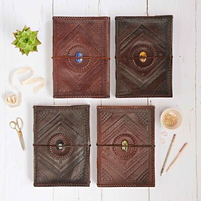 Indra A4 Embossed & Stitched Leather Journal with Semi-Precious Stone