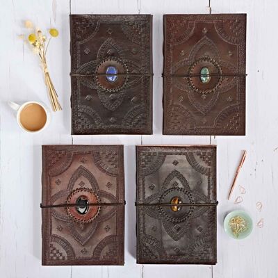 Indra A4 Embossed Leather Journal with Semi-Precious Stone