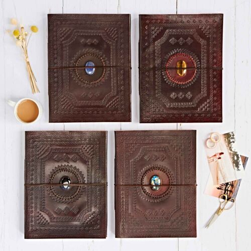 Indra Extra Large Embossed Leather Photo Album with Semi-Precious Stone