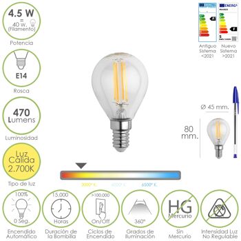 Buy wholesale Led Bulb Filament Sphere Thread E14, 4.5 Watt, To 40 Watt, Lumens, Light (2700Âº K,)
