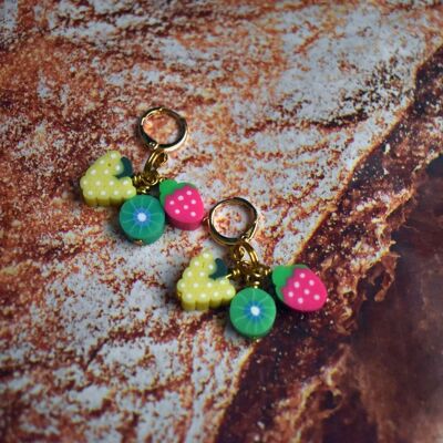 Fruit trio: White grapes, kiwis and strawberry Earrings