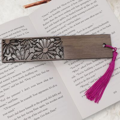 Laser Cut Wooden Bookmark with Tassel - Walnut Wood Flowers design