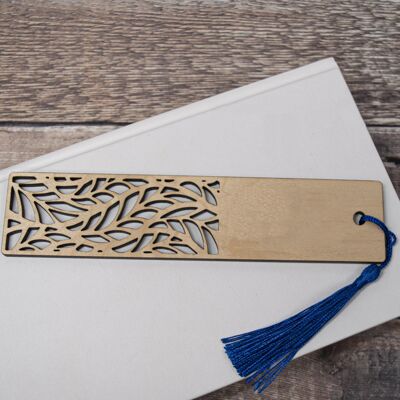 Marcador de madera cortado con láser con borla - Diseño de hojas de madera de arce