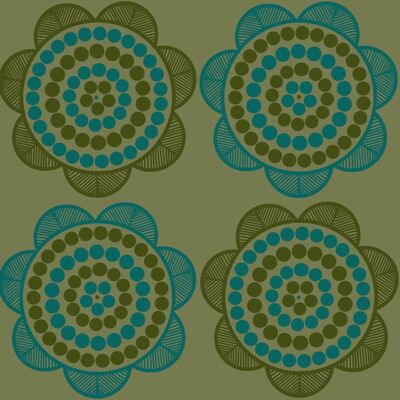 Retro Daisy Wallpaper - Olive + Turquoise - sample
