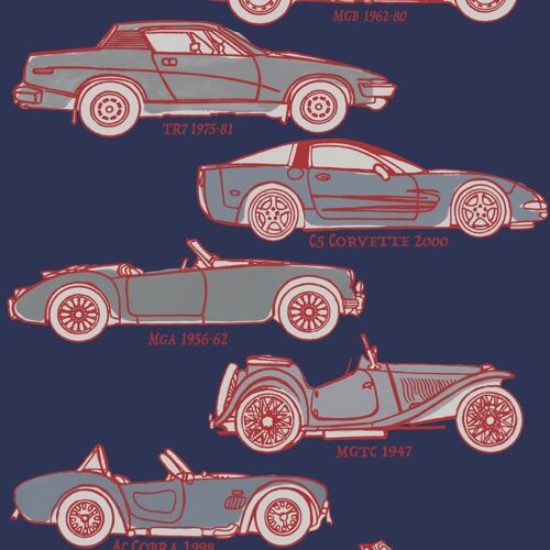 Classic Cars Wallpaper - Navy + red - Roll