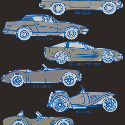 Classic Cars Wallpaper - Black + Cobalt - Sample