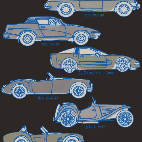 Classic Cars Wallpaper - Black + Cobalt - Roll
