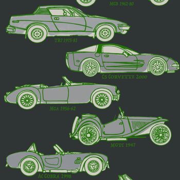 Papier peint Classic Cars - Noir + vert - Rouleau
