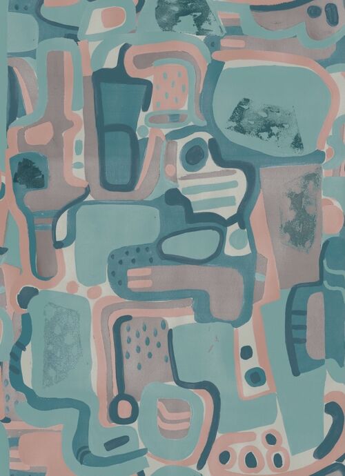 Cubist Jigsaw Wallpaper - Teal + Blush - Sample