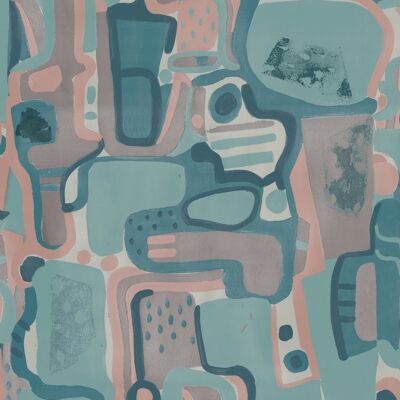 Cubist Jigsaw Wallpaper - Teal + Blush - Sample