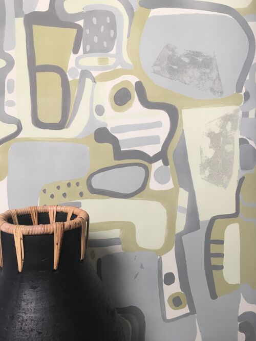 Cubist Jigsaw Wallpaper - Olive + Grey - Sample