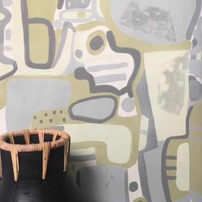 Cubist Jigsaw Wallpaper - Olive + Grey - Sample