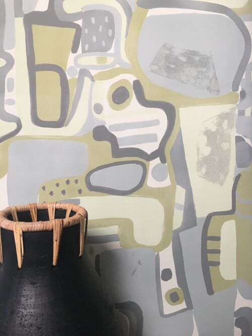 Cubist Jigsaw Wallpaper - Olive + Grey - roll