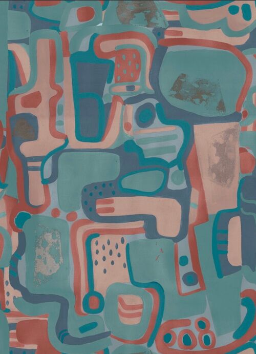 Cubist Jigsaw Wallpaper - Coral + Blue - Sample