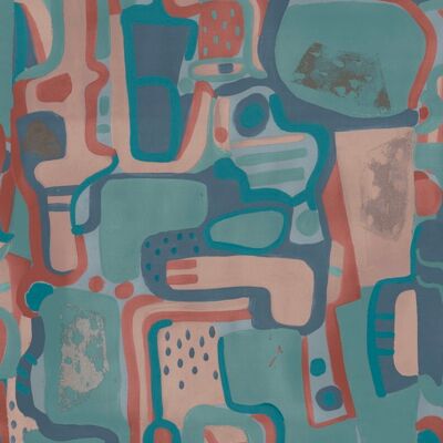 Cubist Jigsaw Wallpaper - Coral + Blue - Sample