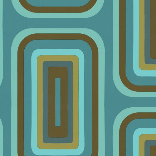 Retro Oblong Geometric wallpaper - Turquoise + Olive - Roll