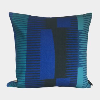 Coussin Carré à Rayures Peignées - Cobalt, Noir + Sarcelle