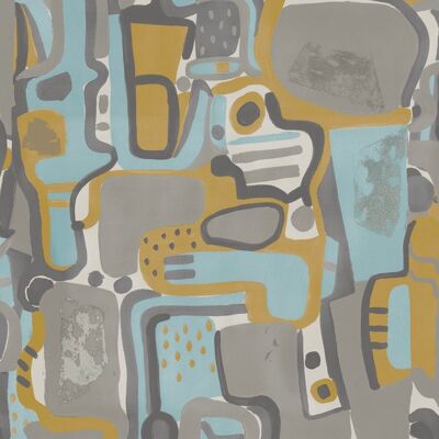Papier Peint Puzzle Cubiste - Moutarde + Bleu - Échantillon - Moutarde + Bleu
