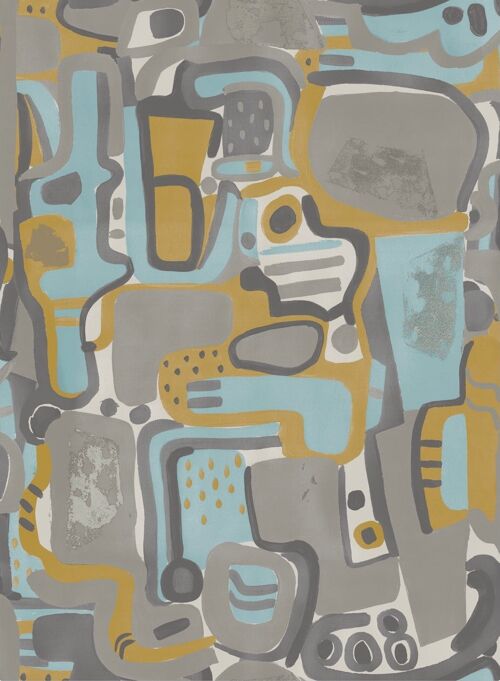 Cubist Jigsaw Wallpaper - Mustard + Blue - roll - Mustard +Blue