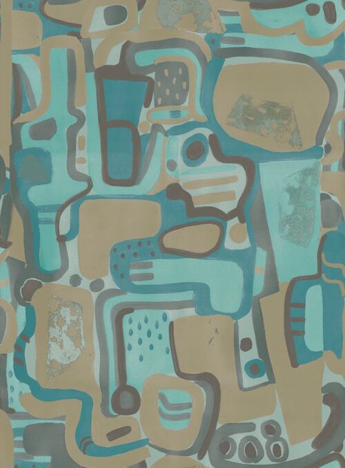 Cubist Jigsaw Wallpaper - Turquoise + Sand - Sample