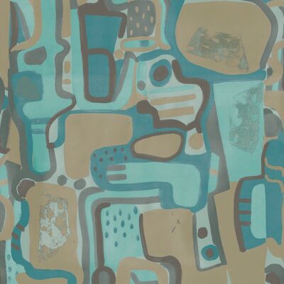 Papier Peint Puzzle Cubiste - Turquoise + Sable - Échantillon
