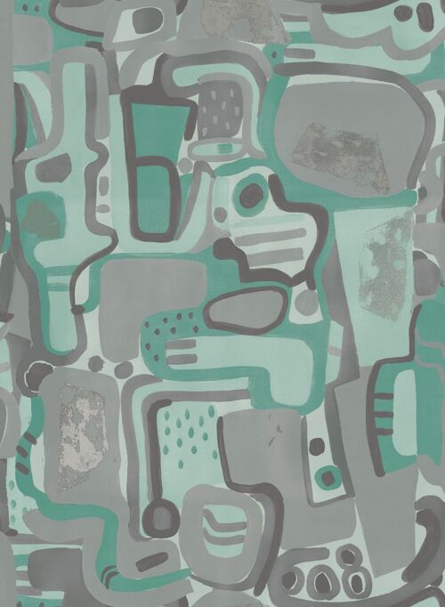 Cubist Jigsaw Wallpaper - Jade + Grey - Sample