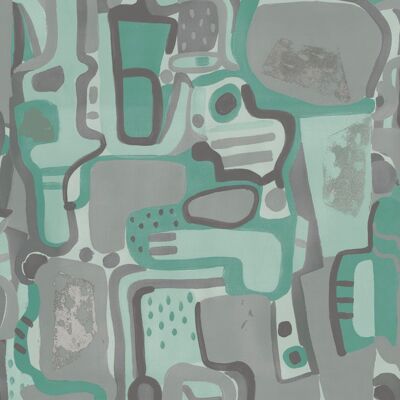 Papier Peint Puzzle Cubiste - Jade + Gris - Échantillon
