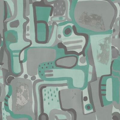 Papel Pintado Rompecabezas Cubista - Jade + Gris - Muestra