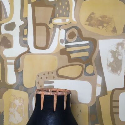 Cubist Jigsaw Wallpaper - Ochre, Tan & Vanilla - roll