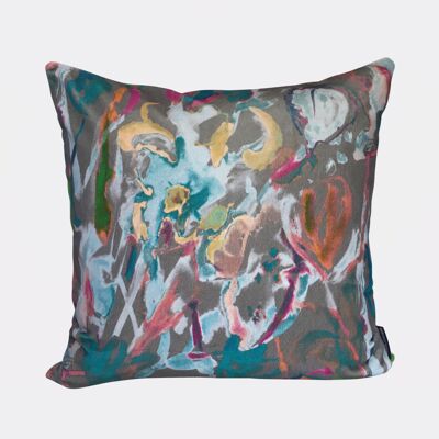 Abstract Floral Velvet Cushion - Grey - Complete