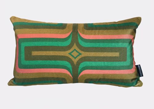 Retro Geometric Velvet Cushion - Olive + Coral