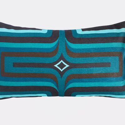 Retro Geometric Velvet Cushion - Teal + Brown