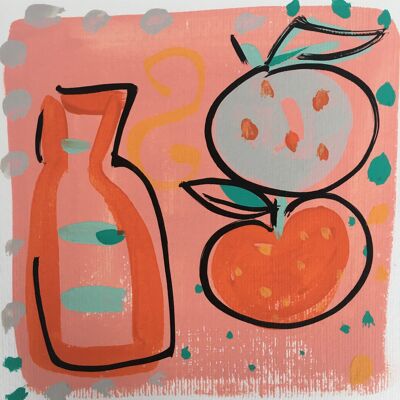 Biglietto di auguri dipinto a mano rosa 'Bottiglia + Frutta'
