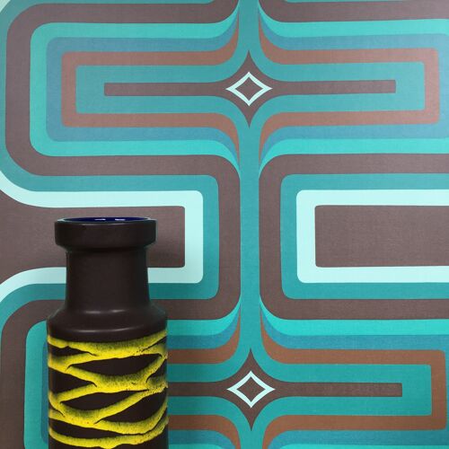 70s Geometric wallpaper, Turquoise + Brown - Sample