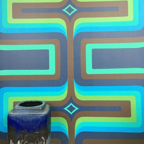 70s Geometric wallpaper, Navy, Brown + Mint - Roll