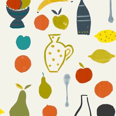 Papier peint motif fruits naïfs - Bouteille grise - Echantillon
