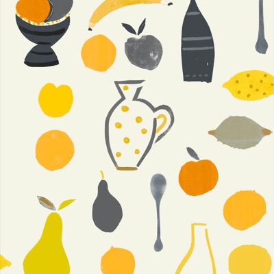 Papier Peint Motif Fruits Naïf - Orange - rouleau