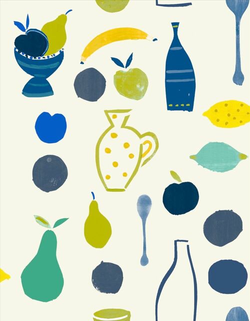 Naive Fruit Motif Wallpaper - Blue Bottle - Sample