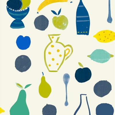 Naive Tapete mit Fruchtmotiv – Blaue Flasche – Muster