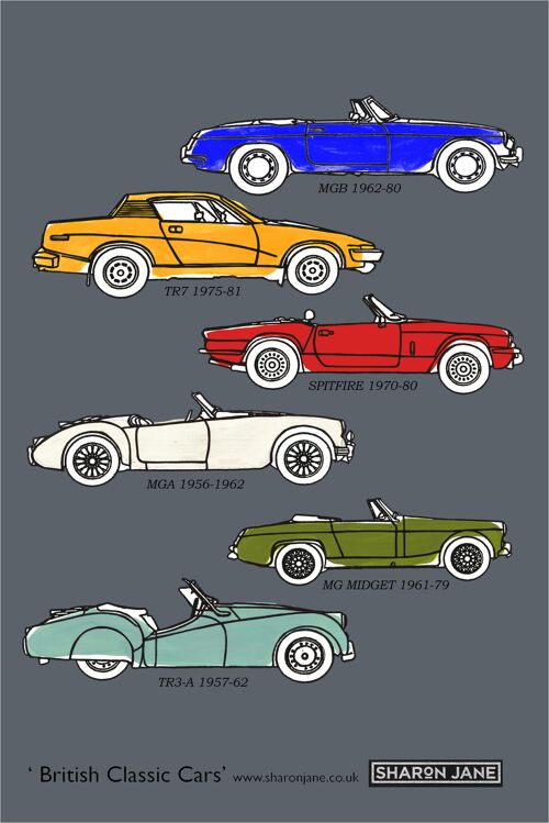 British Classic Cars â€˜Tea Towel - Charcoal