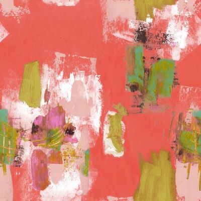 Abstract Painterly Wallpaper- Bright Coral & Green - roll