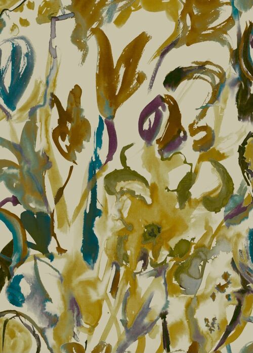 Watercolour floral Wallpaper - Ochre + Plum - sample