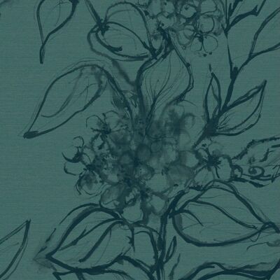 Papel pintado floral aguatinta - pavo real - pavo real + verde azulado - rollo